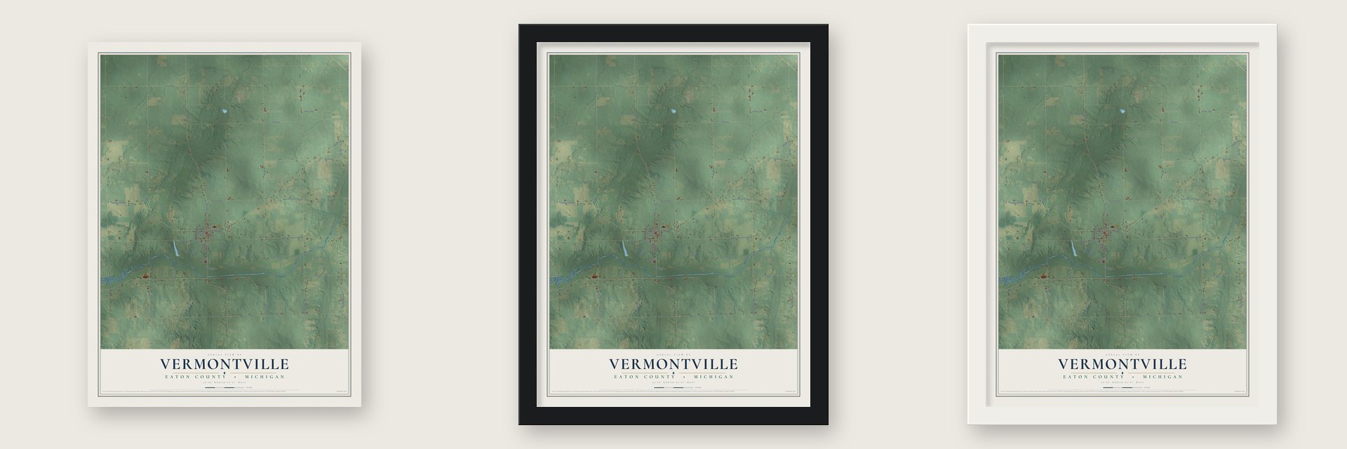 Vermontville, Eaton County, Michigan map unframed, in a black wood frame and in a white wood frame