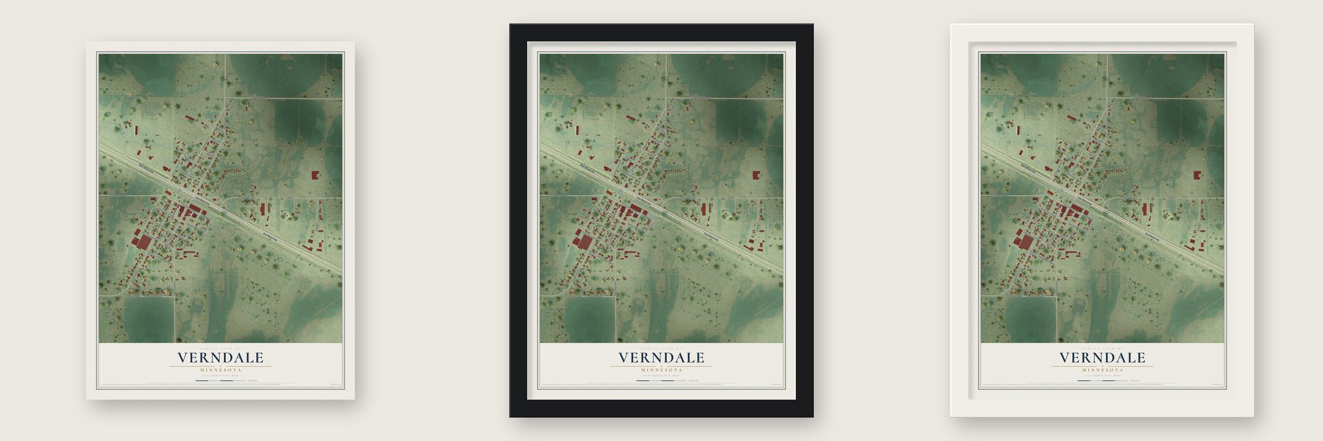 Verndale, Minnesota map unframed, in a black wood frame and in a white wood frame