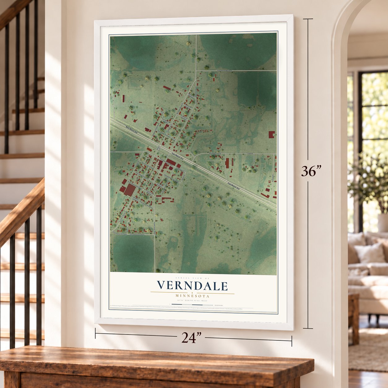 Verndale, Minnesota map, 24 x 36 inch print in a white frame by a staircase
