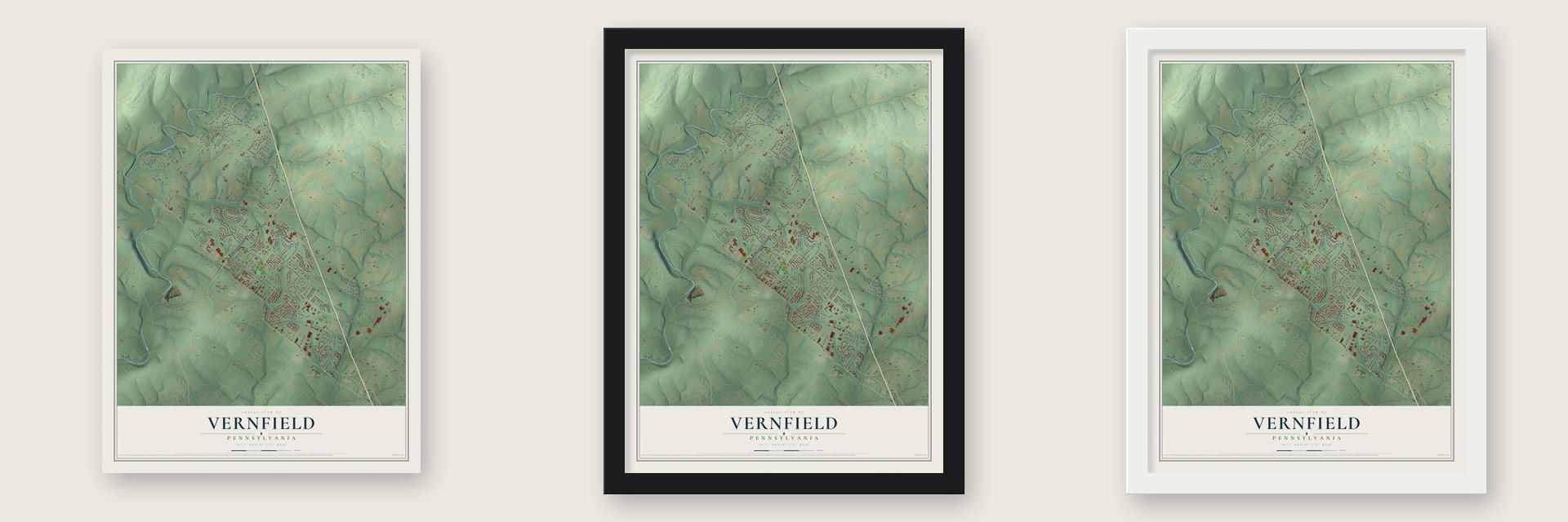 Vernfield, Pennsylvania map unframed, in a black wood frame and in a white wood frame
