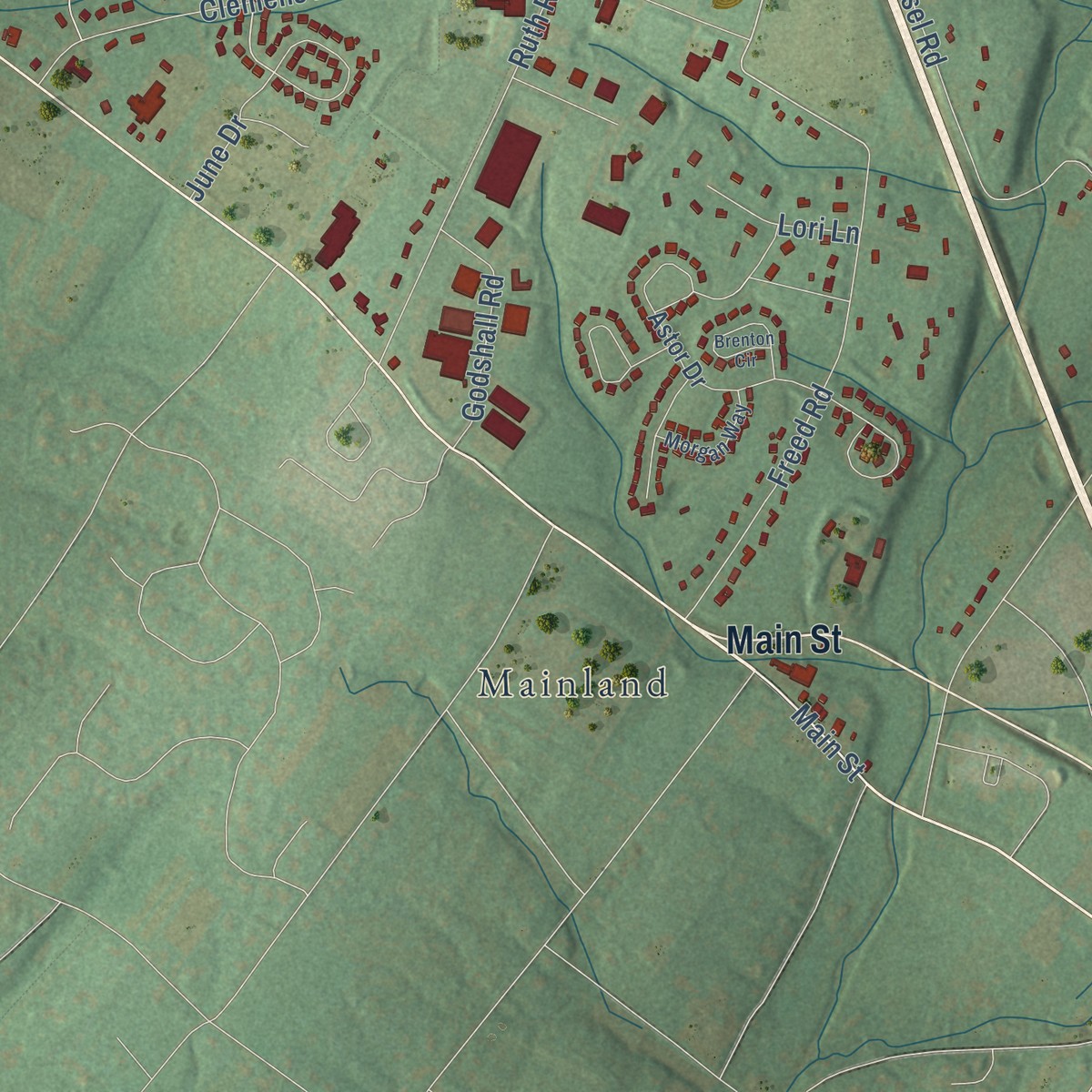 Second close-up of the map of Vernfield, Pennsylvania print showing more streets and buildings