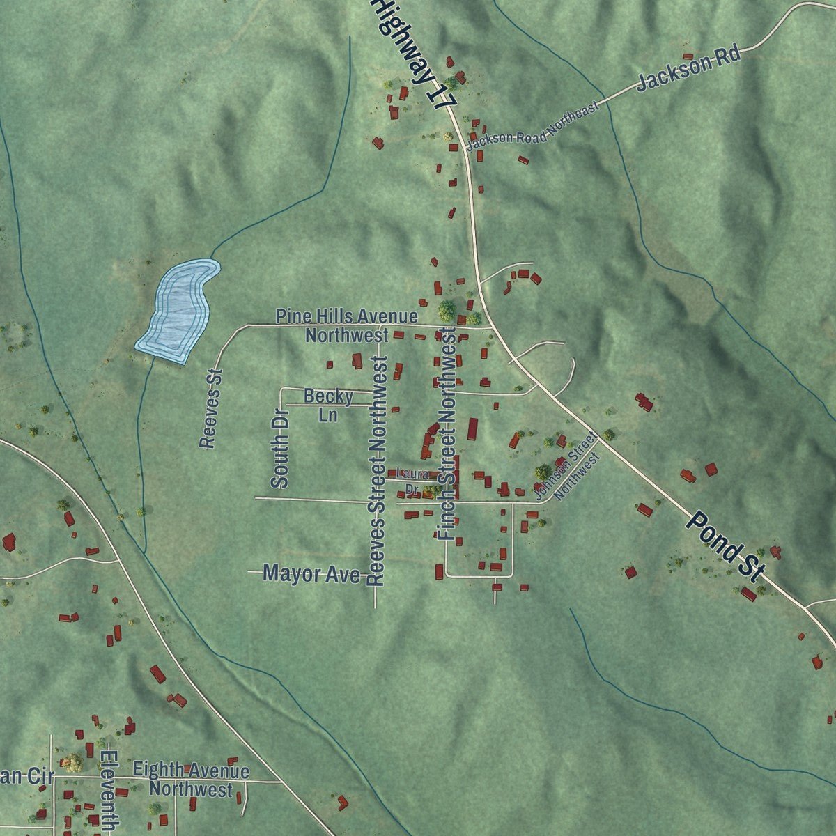 Second close-up of the map of Vernon, Alabama print showing more streets and buildings