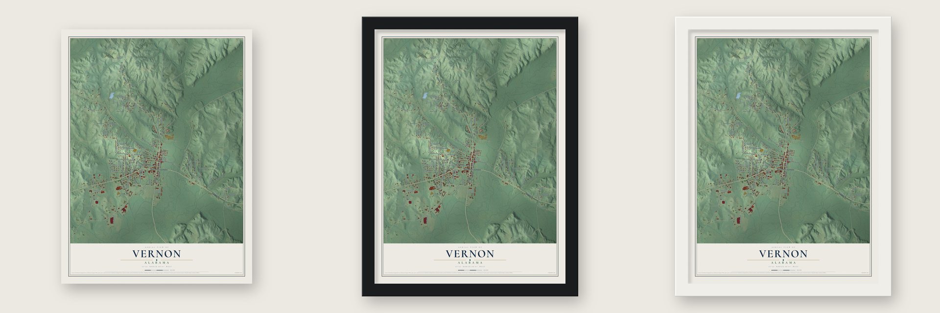 Vernon, Alabama map unframed, in a black wood frame and in a white wood frame