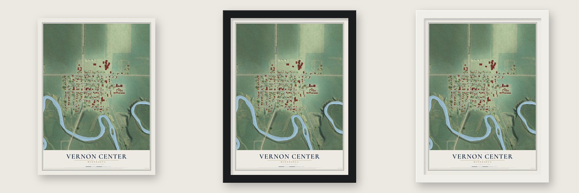 Vernon Center, Minnesota map unframed, in a black wood frame and in a white wood frame