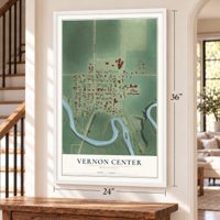 Vernon Center, Minnesota map, 24 x 36 inch print in a white frame by a staircase