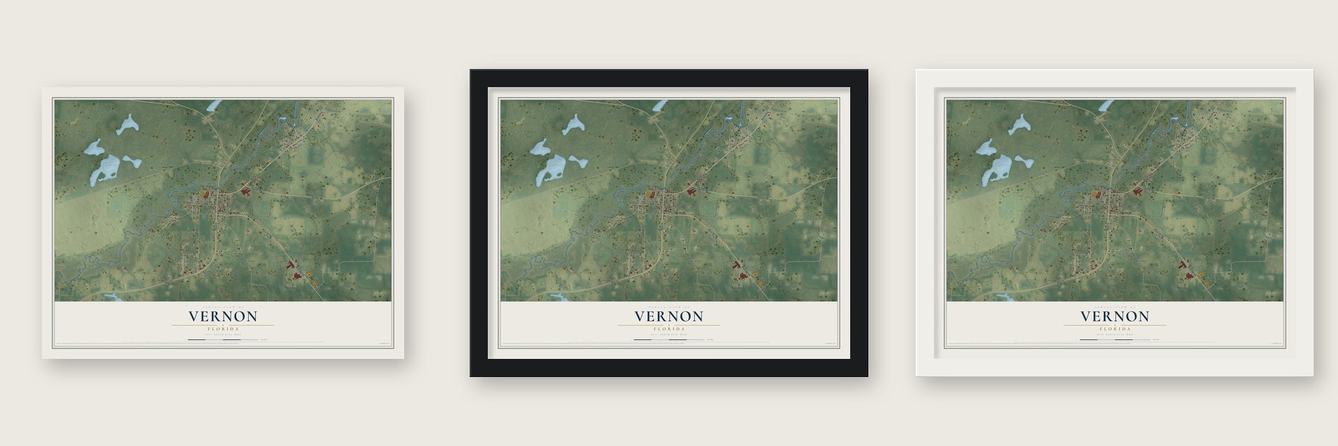 Vernon, Florida map unframed, in a black wood frame and in a white wood frame