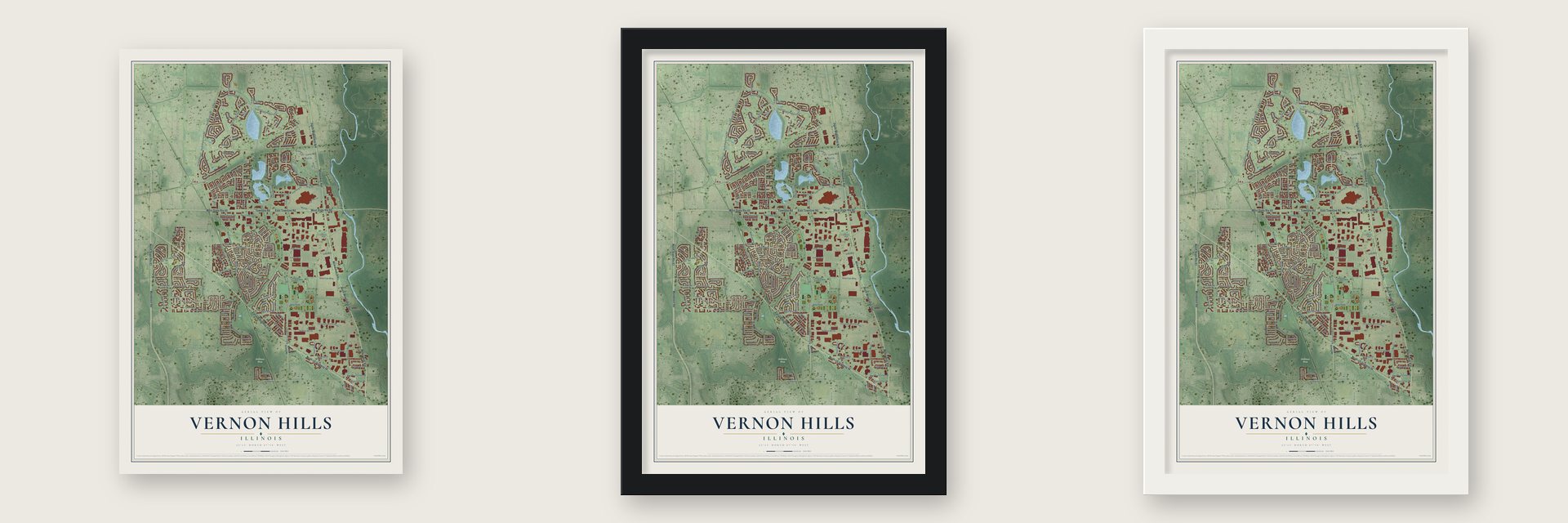 Vernon Hills, Illinois map unframed, in a black wood frame and in a white wood frame