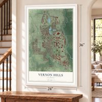Vernon Hills, Illinois map, 24 x 36 inch print in a white frame by a staircase