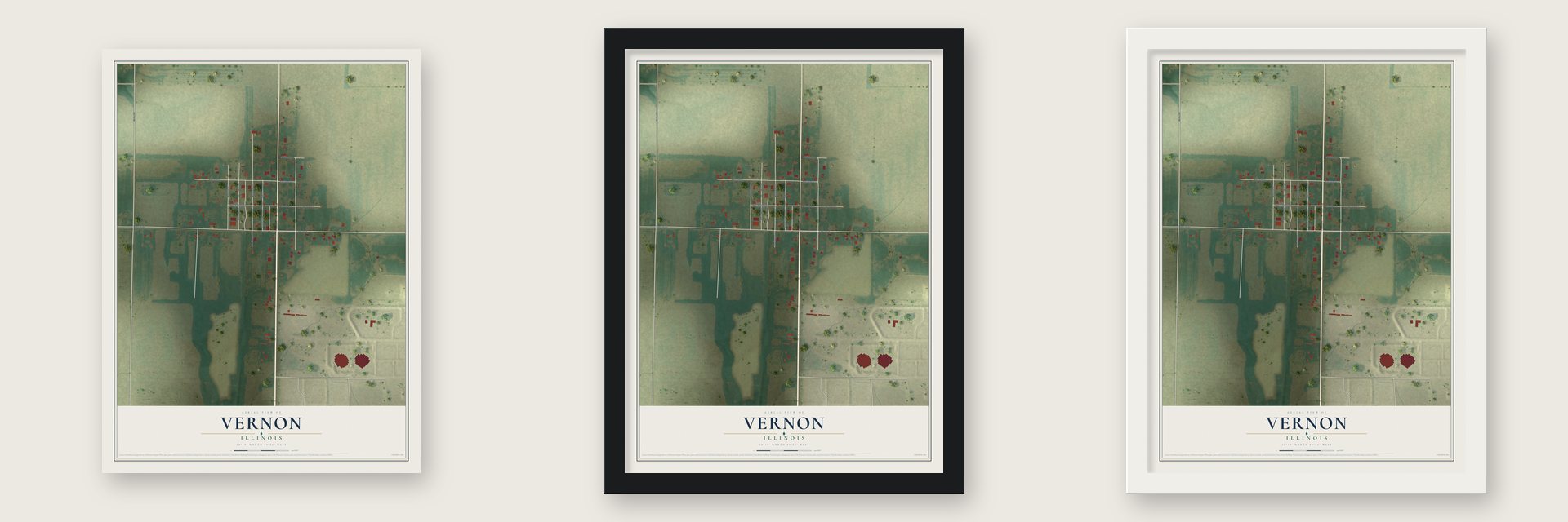 Vernon, Illinois map unframed, in a black wood frame and in a white wood frame