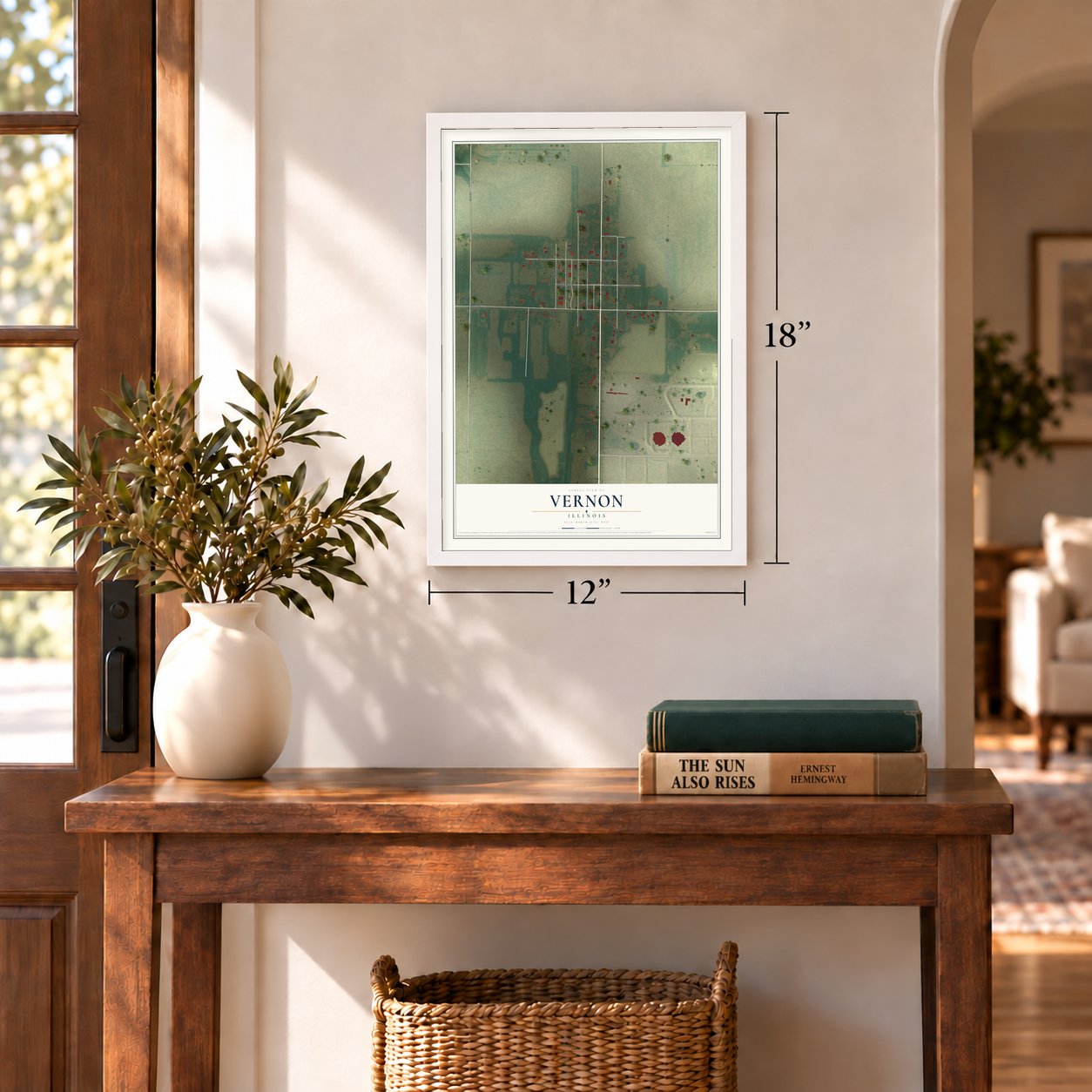 Vernon, Illinois map, 12 x 18 inch print in a white frame in an entryway