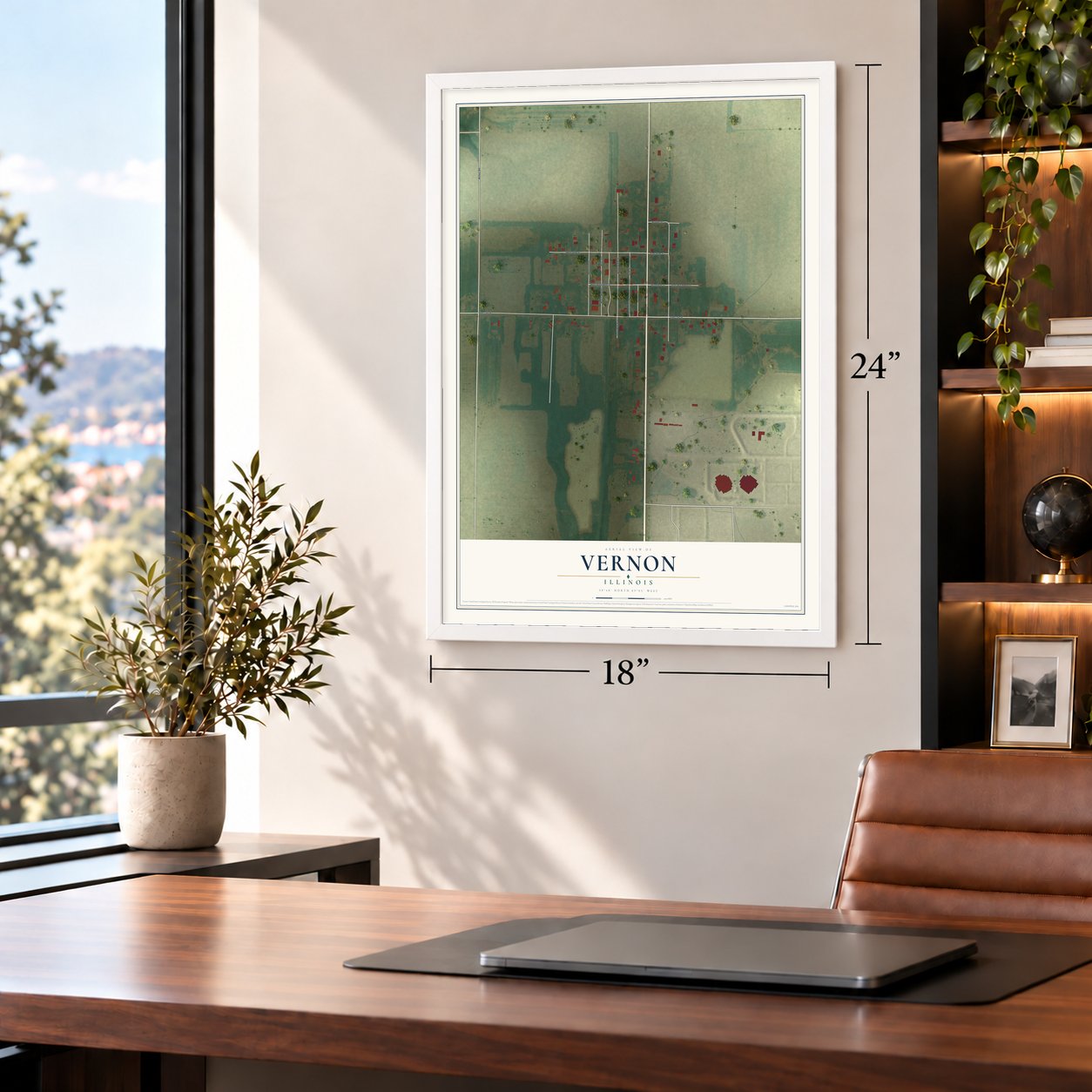 Vernon, Illinois map, 18 x 24 inch print in a white frame in a home office