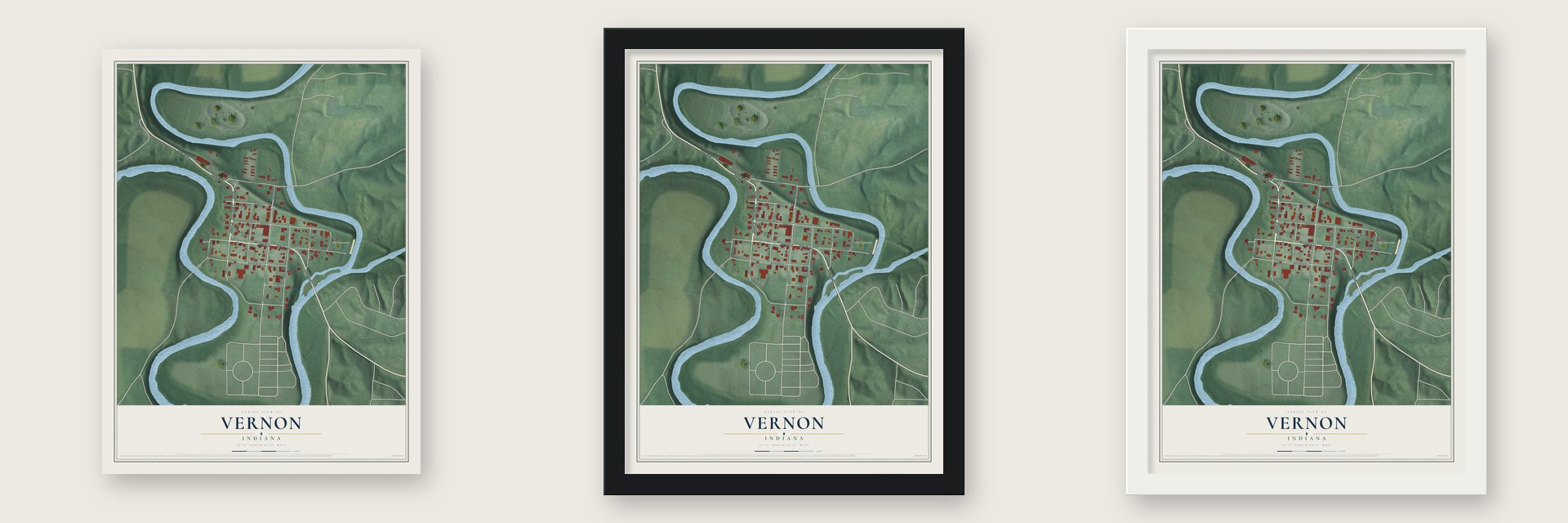 Vernon, Indiana map unframed, in a black wood frame and in a white wood frame