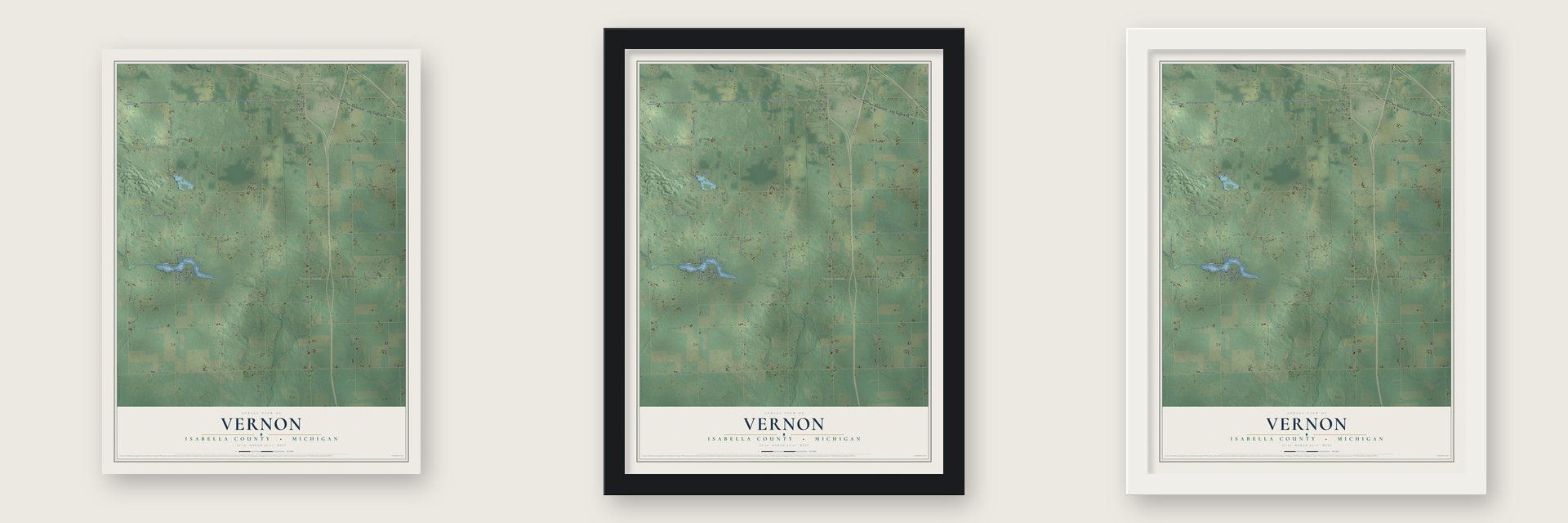 Vernon, Isabella County, Michigan map unframed, in a black wood frame and in a white wood frame