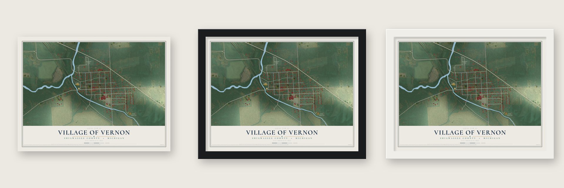 Vernon, Michigan map unframed, in a black wood frame and in a white wood frame