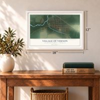 Vernon, Michigan map, 12 x 18 inch print in a white frame in an entryway