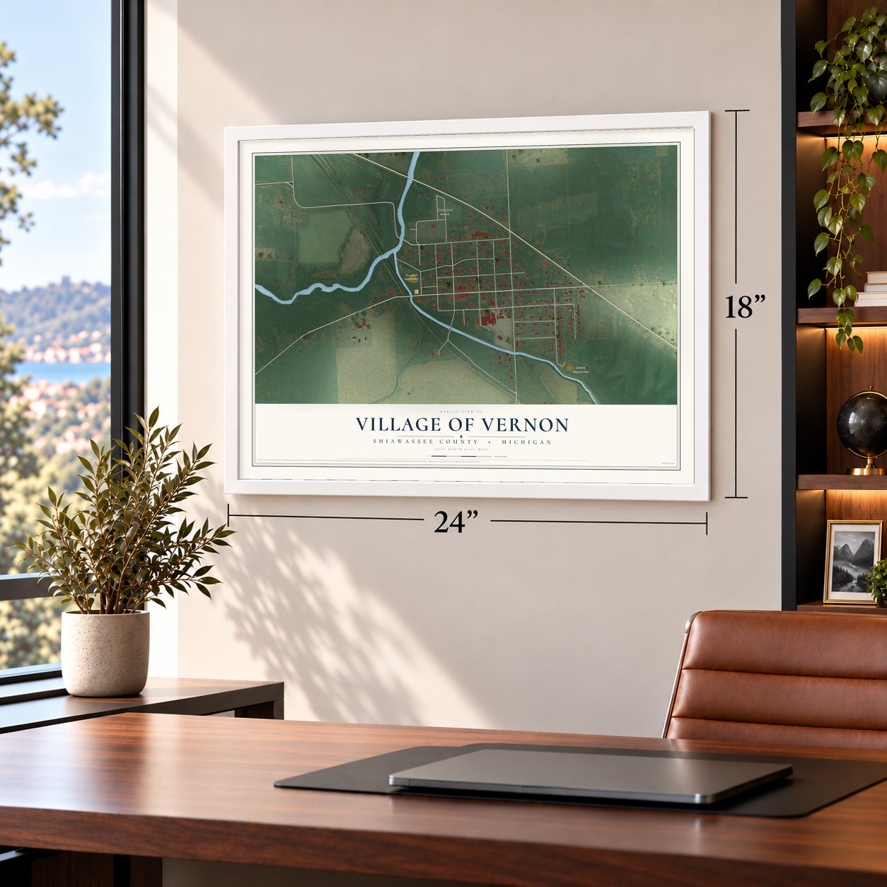 Vernon, Michigan map, 18 x 24 inch print in a white frame in a home office