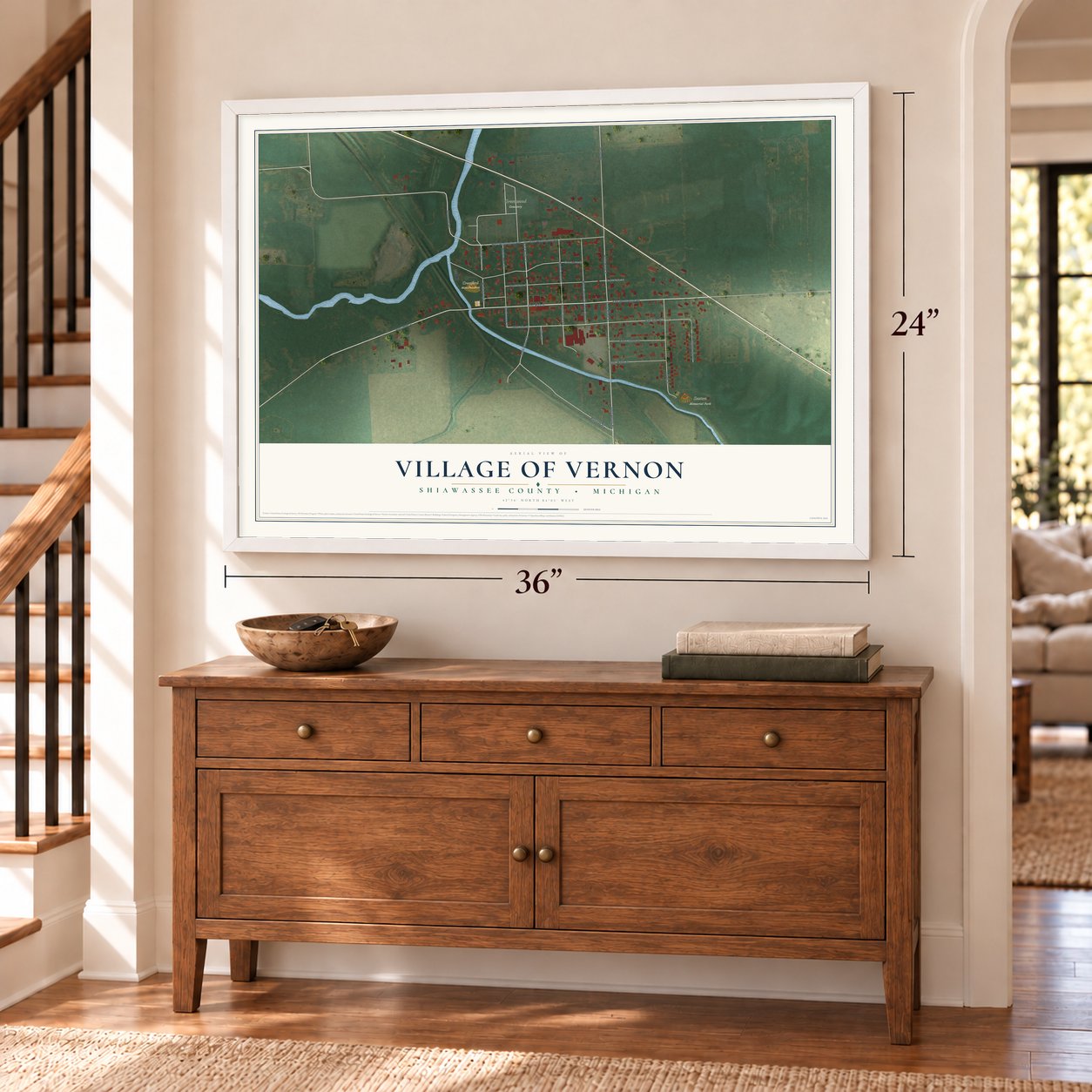 Vernon, Michigan map, 24 x 36 inch print in a white frame above a dresser by a staircase