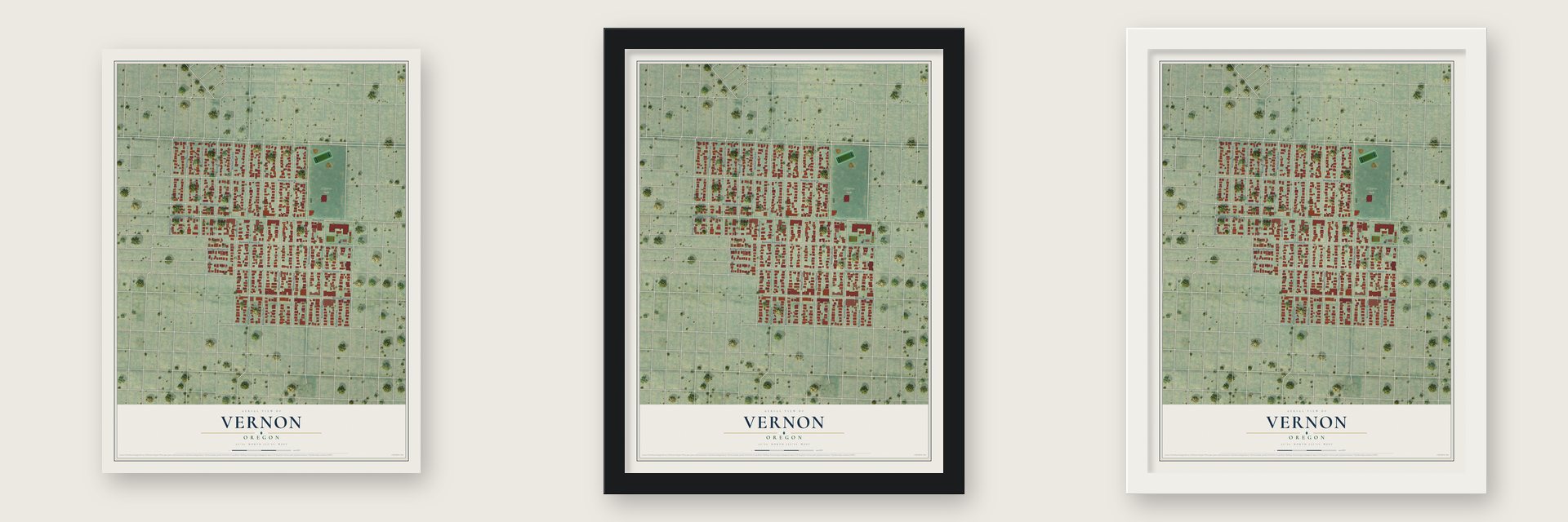 Vernon, Oregon map unframed, in a black wood frame and in a white wood frame