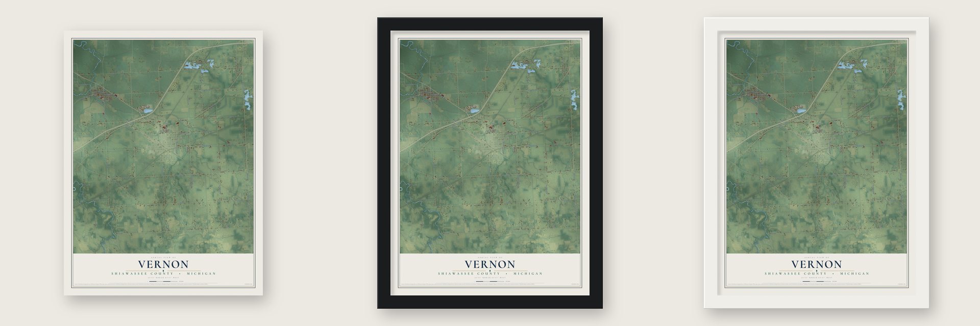 Vernon, Shiawassee County, Michigan map unframed, in a black wood frame and in a white wood frame