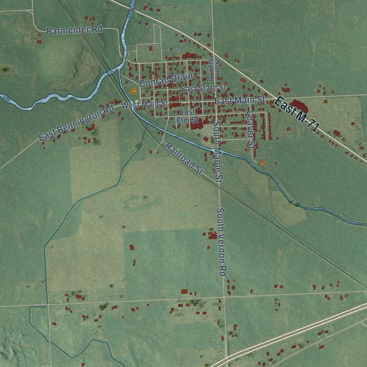 Second close-up of the map of Vernon, Shiawassee County, Michigan print showing more streets and buildings