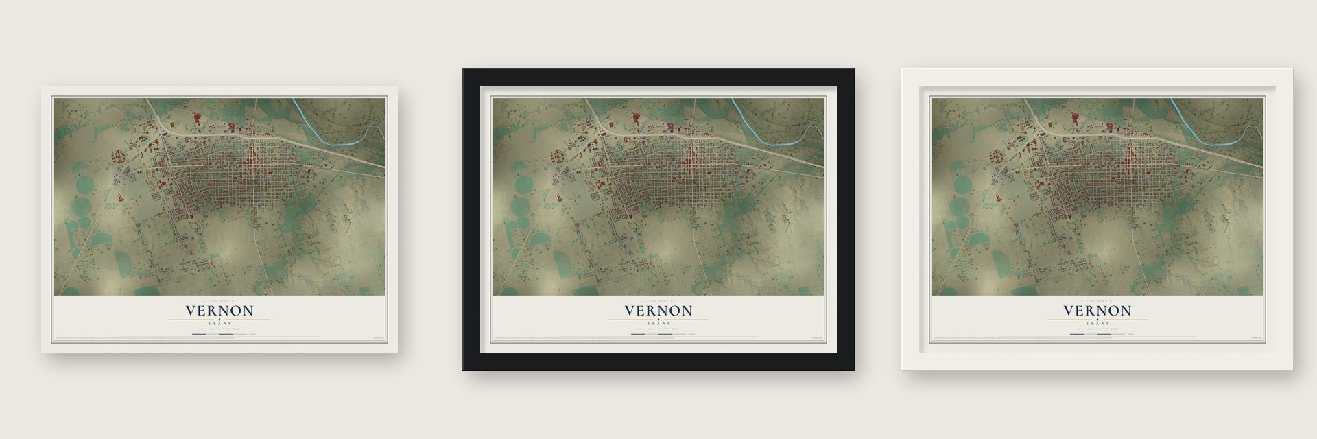 Vernon, Texas map unframed, in a black wood frame and in a white wood frame