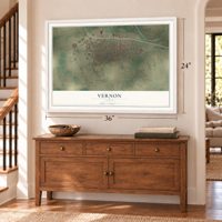 Vernon, Texas map, 24 x 36 inch print in a white frame above a dresser by a staircase