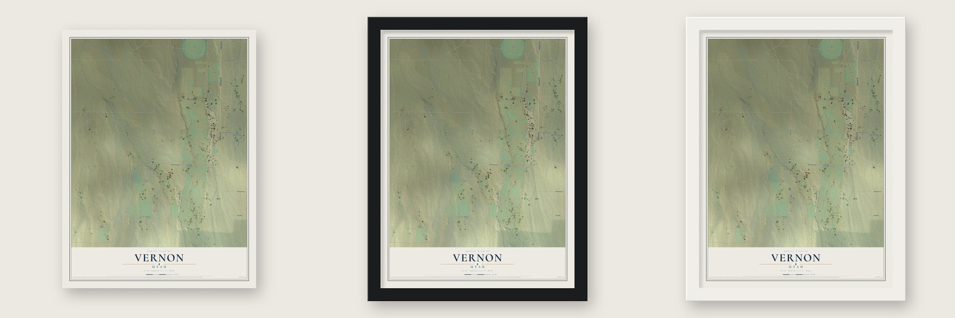 Vernon, Utah map unframed, in a black wood frame and in a white wood frame