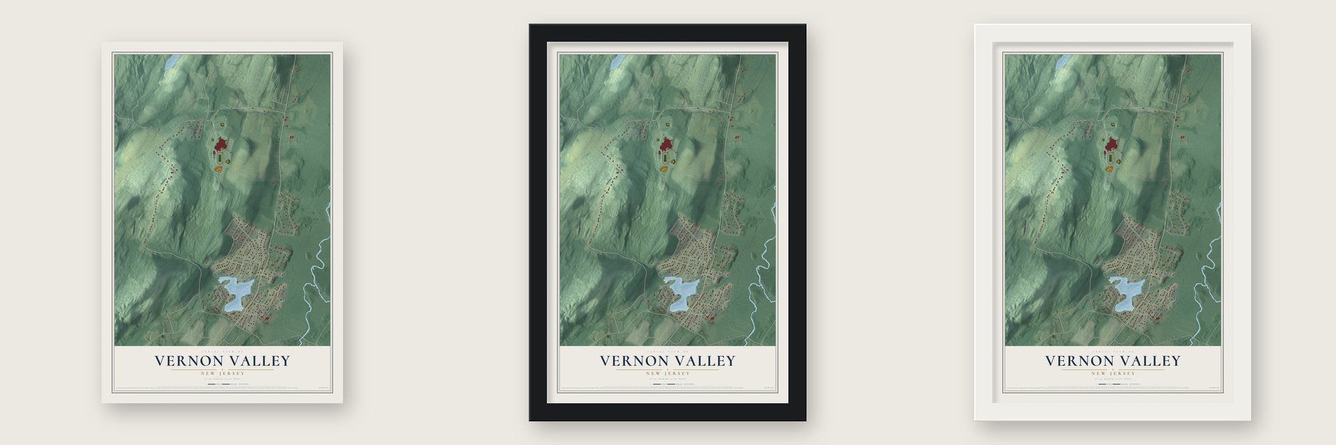 Vernon Valley, New Jersey map unframed, in a black wood frame and in a white wood frame