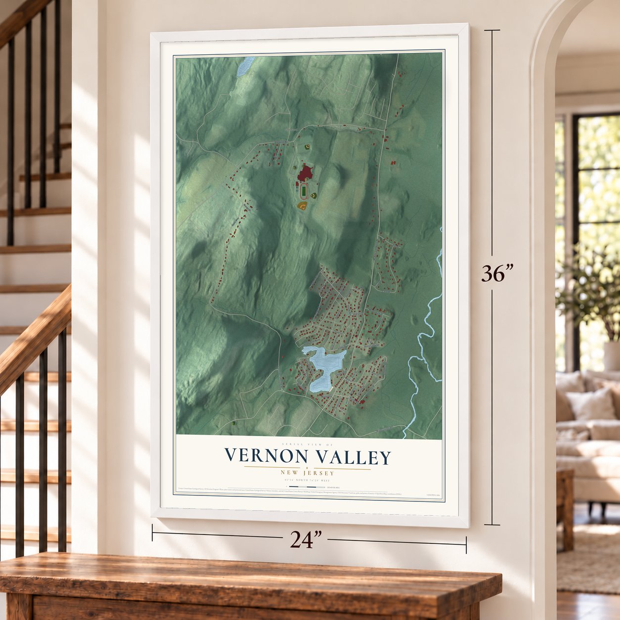Vernon Valley, New Jersey map, 24 x 36 inch print in a white frame by a staircase