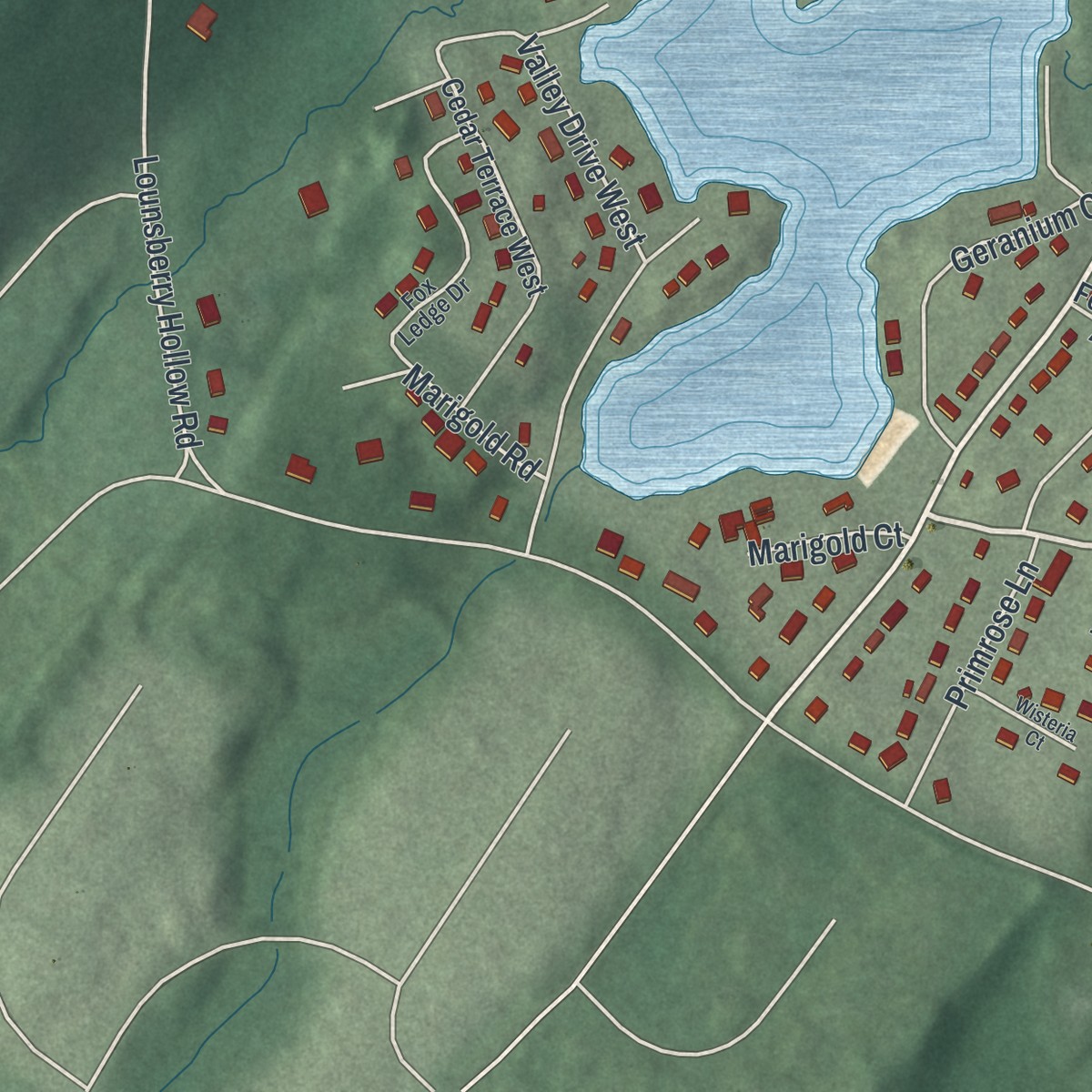 Second close-up of the map of Vernon Valley, New Jersey print showing more streets and buildings