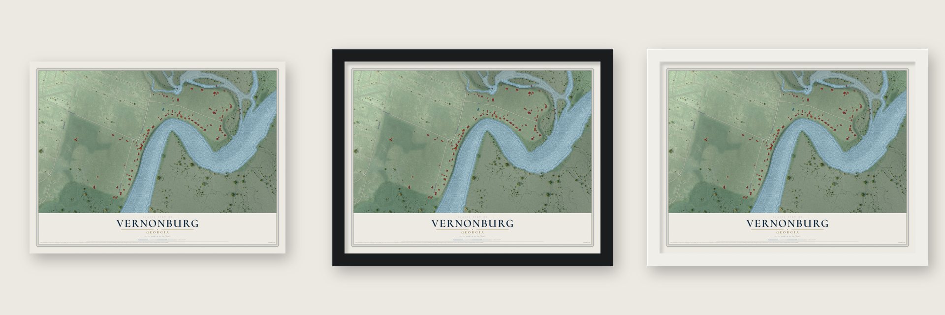 Vernonburg, Georgia map unframed, in a black wood frame and in a white wood frame