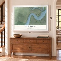 Vernonburg, Georgia map, 24 x 36 inch print in a white frame above a dresser by a staircase