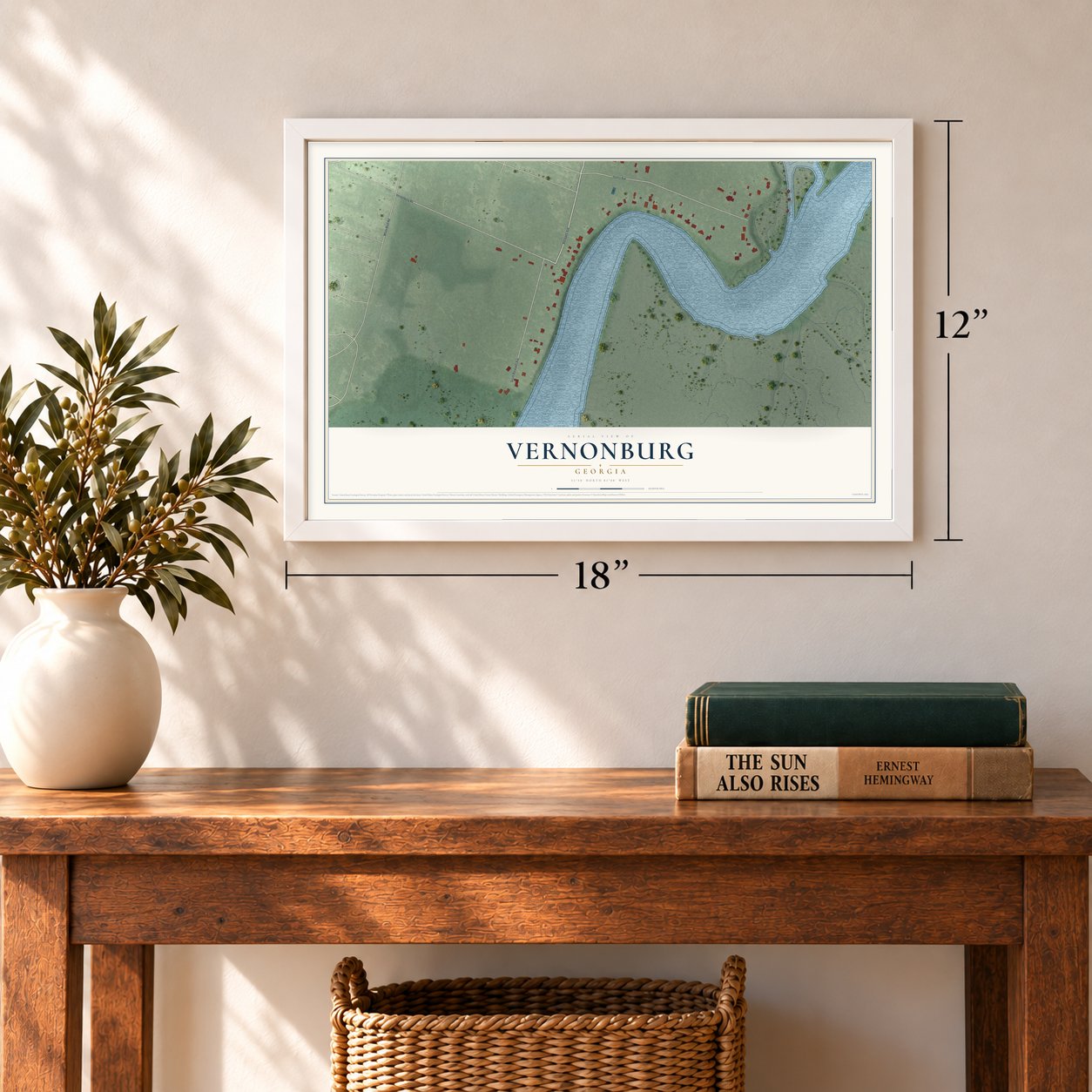 Vernonburg, Georgia map, 12 x 18 inch print in a white frame in an entryway
