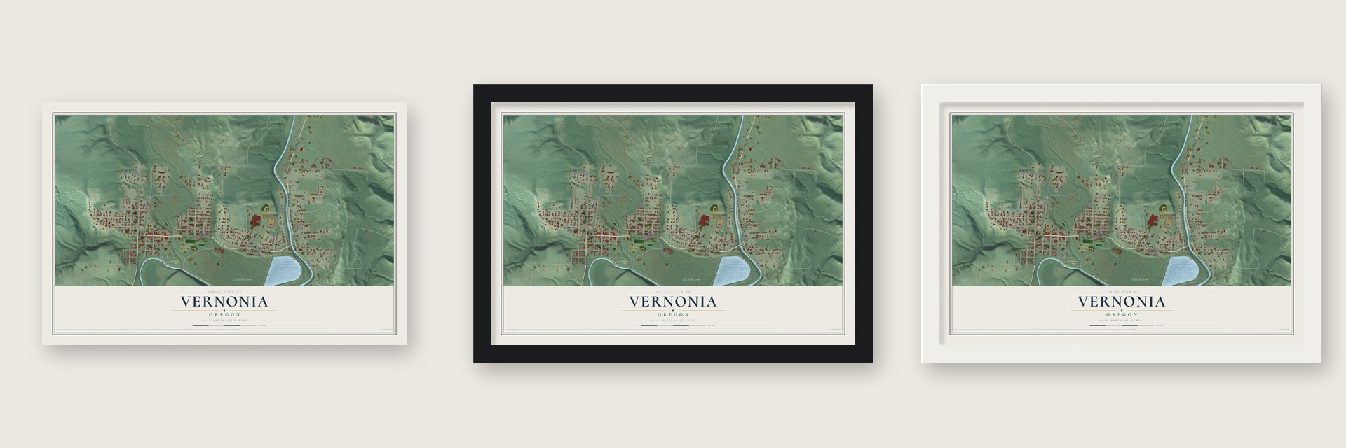 Vernonia, Oregon map unframed, in a black wood frame and in a white wood frame
