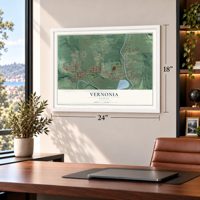 Vernonia, Oregon map, 18 x 24 inch print in a white frame in a home office