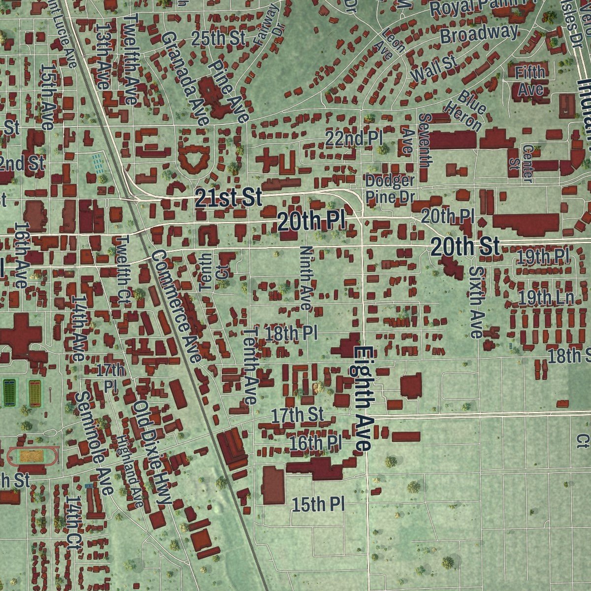 Second close-up of the map of Vero Beach, Florida print showing more streets and buildings
