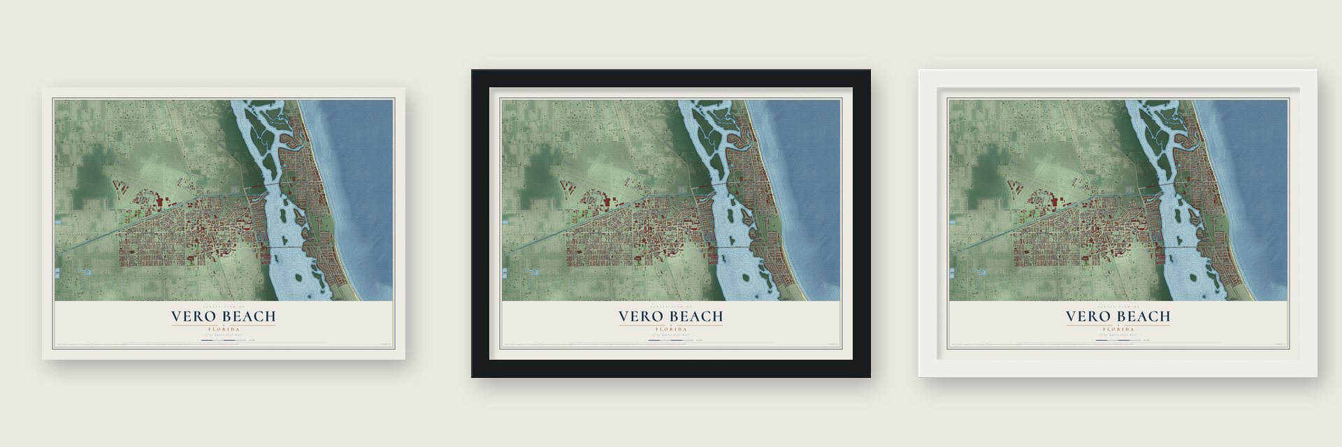 Vero Beach, Florida map unframed, in a black wood frame and in a white wood frame
