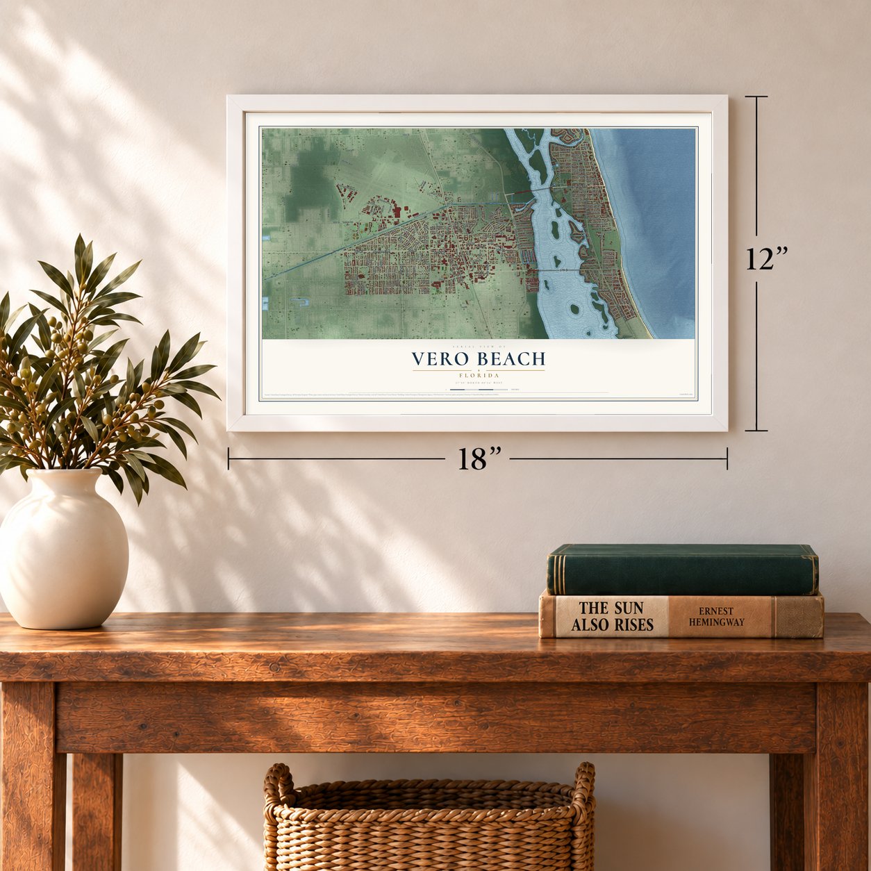 Vero Beach, Florida map, 12 x 18 inch print in a white frame in an entryway
