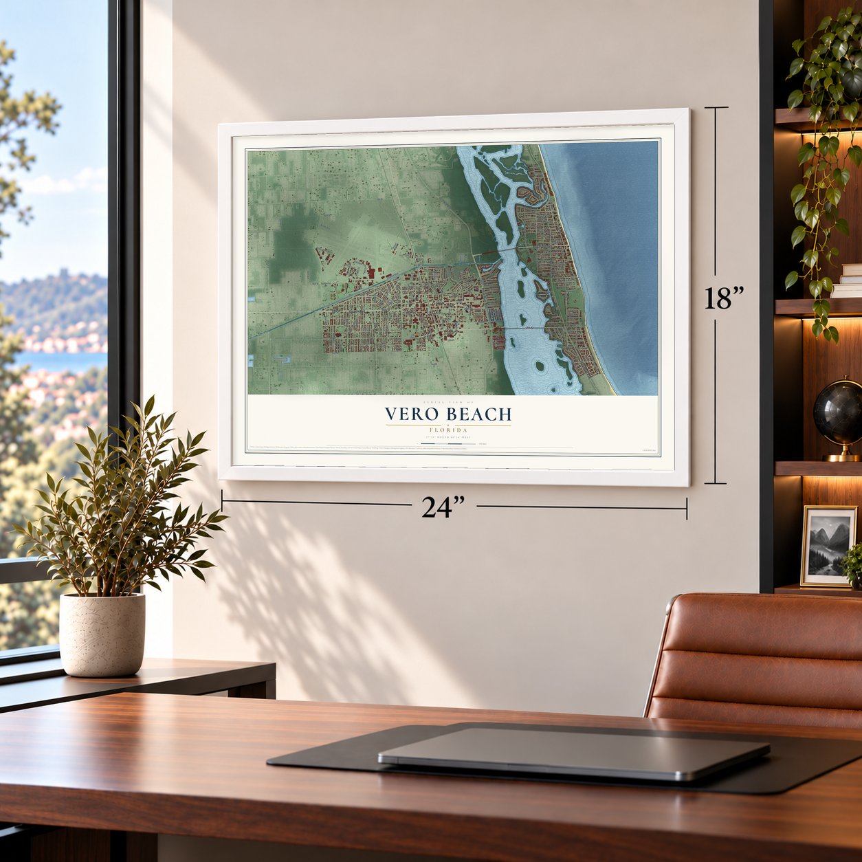Vero Beach, Florida map, 18 x 24 inch print in a white frame in a home office