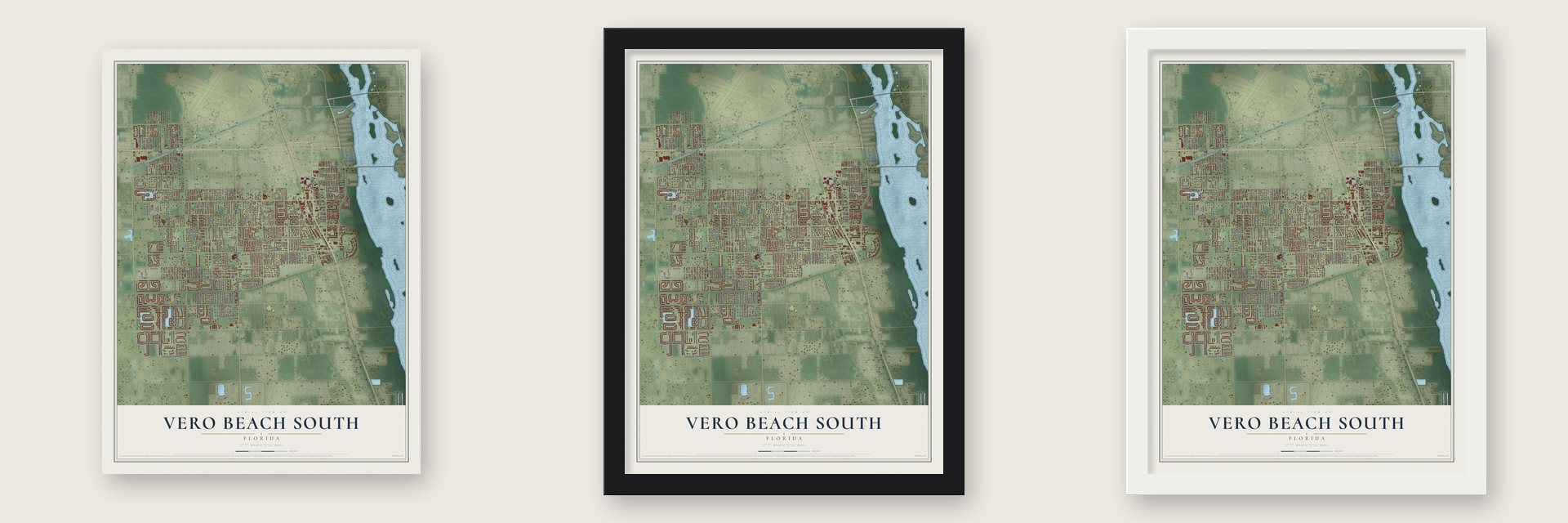 Vero Beach South, Florida map unframed, in a black wood frame and in a white wood frame