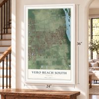 Vero Beach South, Florida map, 24 x 36 inch print in a white frame by a staircase