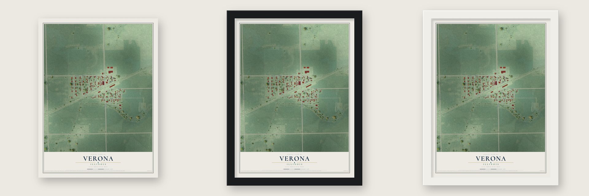 Verona, Illinois map unframed, in a black wood frame and in a white wood frame