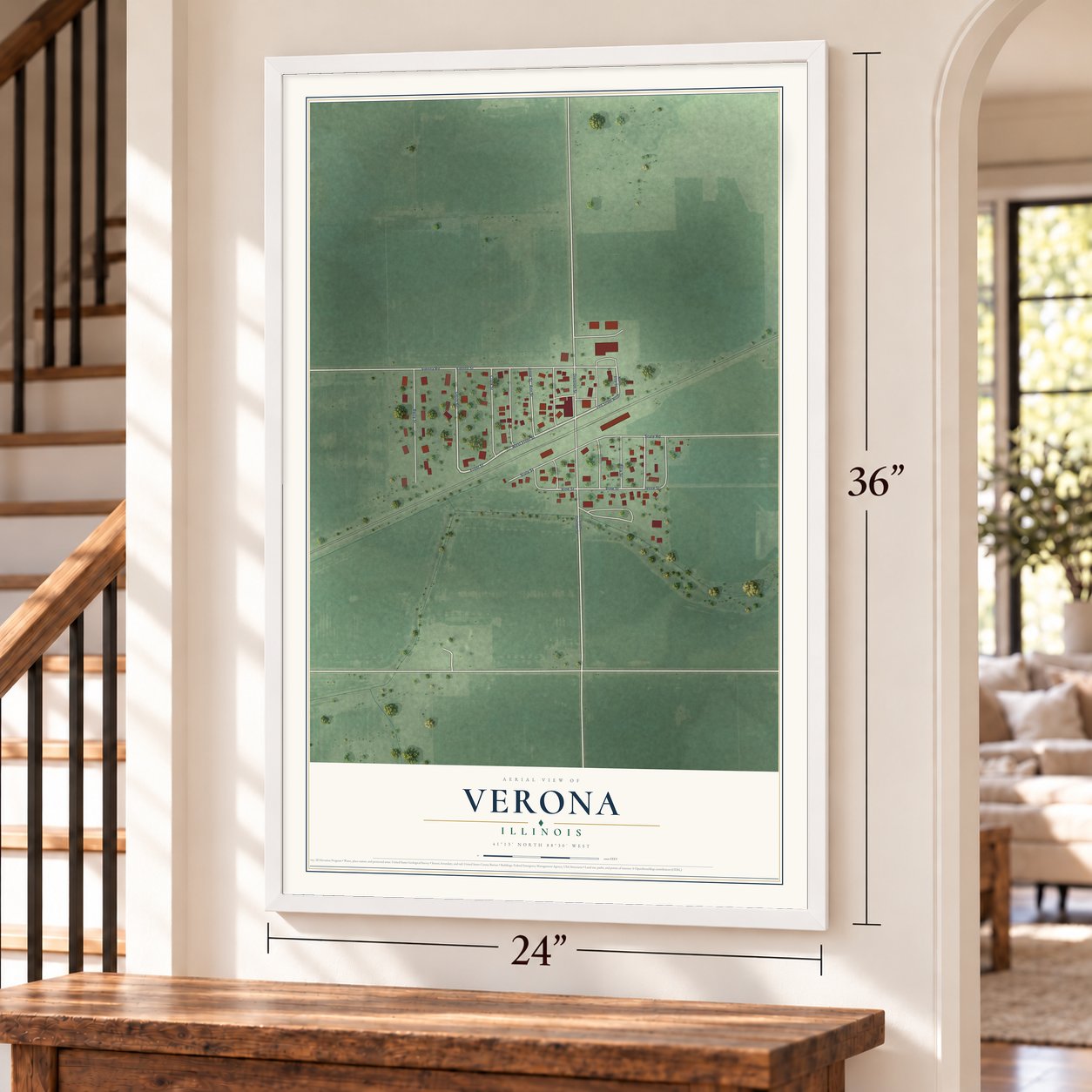 Verona, Illinois map, 24 x 36 inch print in a white frame by a staircase