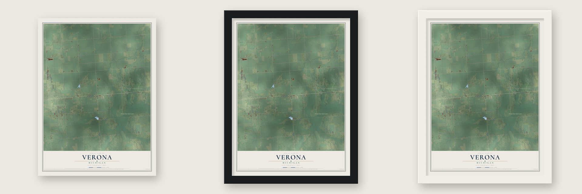 Verona, Michigan map unframed, in a black wood frame and in a white wood frame