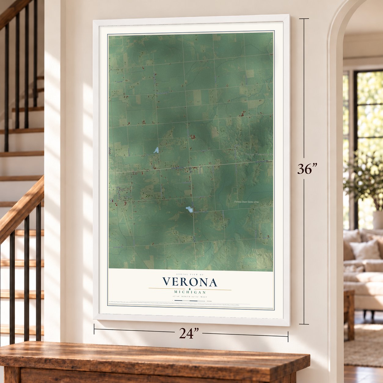 Verona, Michigan map, 24 x 36 inch print in a white frame by a staircase