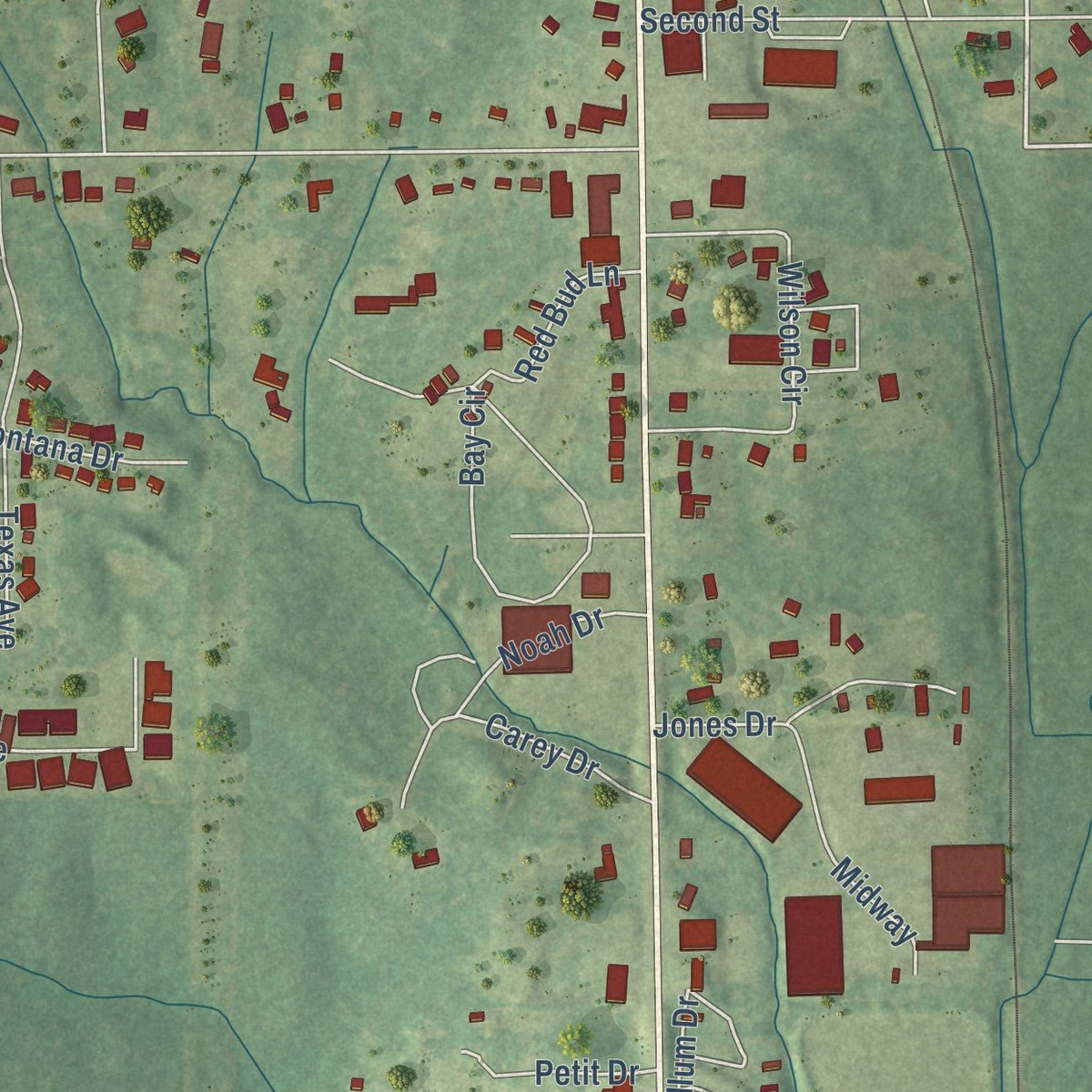 Second close-up of the map of Verona, Mississippi print showing more streets and buildings