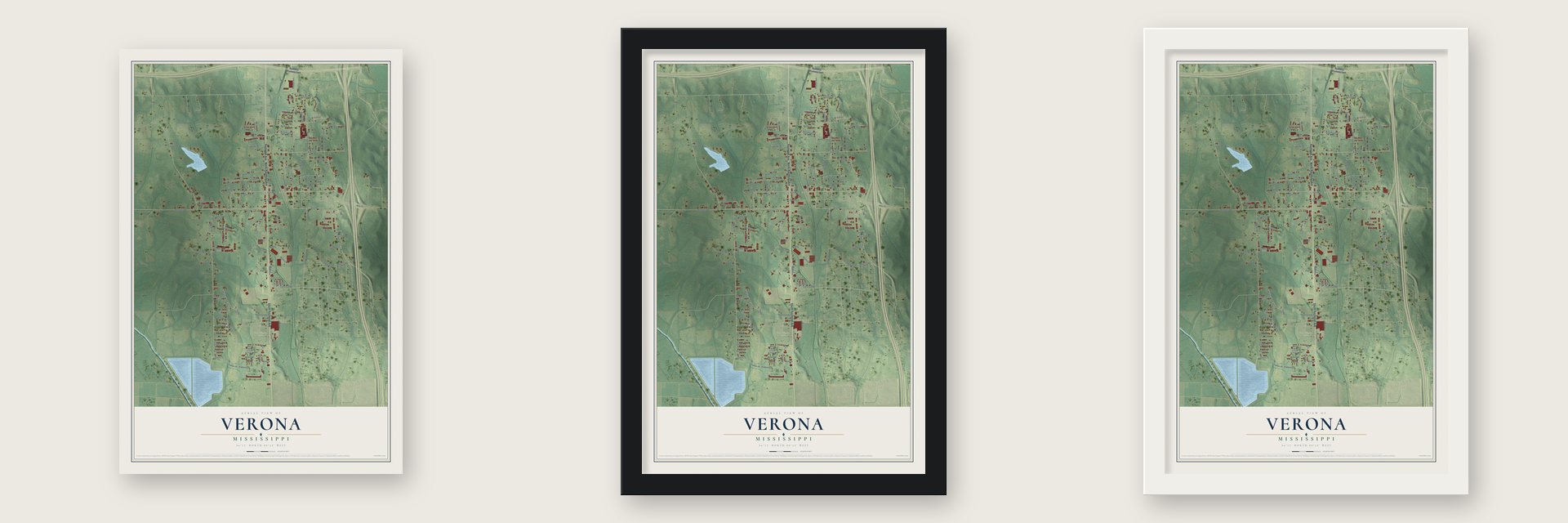 Verona, Mississippi map unframed, in a black wood frame and in a white wood frame