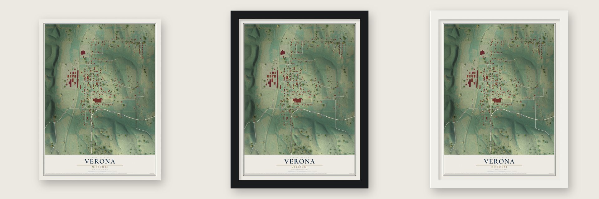 Verona, Missouri map unframed, in a black wood frame and in a white wood frame