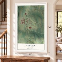Verona, Missouri map, 24 x 36 inch print in a white frame by a staircase
