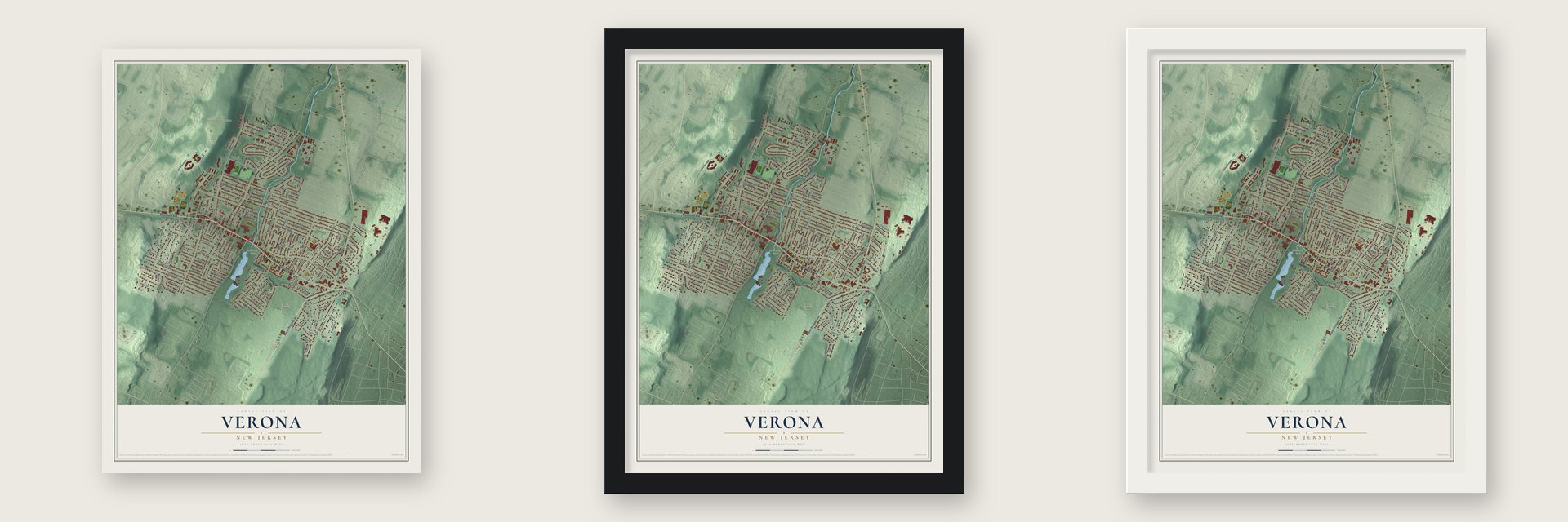 Verona, New Jersey map unframed, in a black wood frame and in a white wood frame